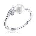 Elegant adjustable S925 silver leaf ring with glossy white pearl and sparkling zircon diamonds - SR16