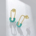 Detail of S925 sterling silver stamp on golden paperclip earrings with turquoise enamel - 925 Silver / Apple Green