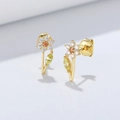 S925 sterling silver gold plated flower stud earrings with zircon and green leaf gems - 925 Silver / Yellow
