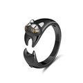 Adjustable black cat open ring in S925 silver with gold whiskers and pointed ears - SR93