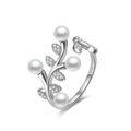 Sparkling S925 silver adjustable leaf ring with cubic zirconia and four white pearls - SR118