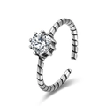Adjustable S925 silver ring featuring a round solitaire stone in a six-prong crown setting - SR119-B