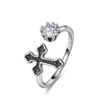 Adjustable S925 silver ring featuring a sparkling zircon crown and vintage gothic cross - SR130