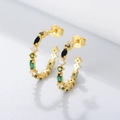 S925 silver gold-plated C-shaped earrings with green, black and white cubic zirconia - 925 Silver / Yellow