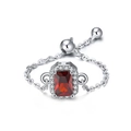 Adjustable silver chain ring with a radiant rectangular red gemstone and diamond halo - SR230