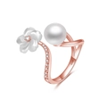 Adjustable S925 rose gold open ring with white pearl, shell flower, and sparkling pavé crystals - SR248-R