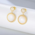 Vintage S925 silver gold drop earrings with white shell and round zircon accents - Yellow