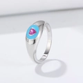 925 silver ring featuring blue enamel and a sparkling pink heart-shaped zircon stone - US 5 / White
