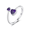 Adjustable S925 sterling silver ring featuring two sparkling purple heart-shaped crystals - SR323-2P