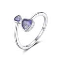 Silver adjustable ring featuring two interlocking purple heart-shaped faceted gemstones - SR323-6PL