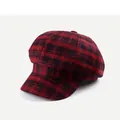 Retro red and black plaid newsboy cap in textured wool for a classic vintage style - 56-58cm / Burgundy