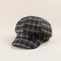 Retro grey and white plaid newsboy cap in wool fabric for women with octagonal design - 56-58cm / Black