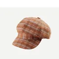 Vintage checkered newsboy cap in brown and yellow plaid fabric with top button - 56-58cm / Khaki