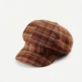 Retro dark brown checkered newsboy cap in thick wool-like fabric for women - 56-58cm / Camel