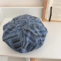 Vintage blue striped denim beret featuring a retro washed patchwork and octagonal top - 56-58cm / Dark Blue