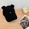 Cute black fuzzy teddy baseball cap with bear ears and white heart embroidery - 56-58cm Adjustable / Black