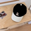 Corduroy baseball cap with cute bear embroidery in black and beige colorblock style - Black + Beige