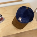 Corduroy bear baseball cap in navy and brown colorblock with vintage embroidery - Navy Blue