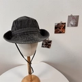 Adjustable black washed denim cowboy bucket hat with windproof drawstring and wide brim - 56-58cm / Dark Grey