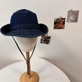 Dark blue denim bucket hat with white stitching and adjustable chin cord for outdoor sun protection - 56-58cm / Dark Blue