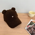 Cute dark brown plush baseball cap with fuzzy ears and small heart embroidery - 56-58cm Adjustable / Coffee