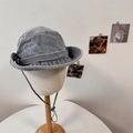 Washed grey denim bucket hat with adjustable windproof drawstring for outdoor activities - 56-58cm / Light Blue
