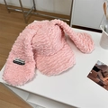 Pink lamb wool baseball cap with cute long rabbit ears and a soft plush texture - 56-58cm Adjustable / Pink
