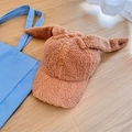 Brown faux lamb wool baseball cap with cute bunny ears for winter warmth - Camel