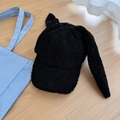 Cute black fuzzy baseball cap with rabbit ears and warm lamb wool texture for winter - Black