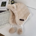 Winter ear protection bomber hat in beige with cute pom-poms and quilted plush lining - 56-58cm / Beige Khaki