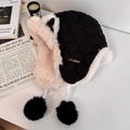 Winter thermal trapper hat with black quilted fabric and pink faux fur lining - 56-58cm / Black