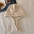 Chic cream white knitted beanie with ear flaps and decorative ties for winter - Beige