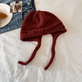 Women's burgundy chunky knit earflap hat with long straps for autumn and winter warmth - Burgundy