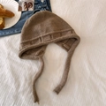 Dark brown knit beanie with ear flaps and straps in a minimalist vintage style - Brown