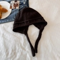 Deep brown knitted aviator beanie with warm earflaps and long ties for women - Coffee