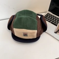 Retro multi-color patchwork polar fleece ear-flap cap with Sunset Flower embroidery - Adult 56-58cm / Army Green