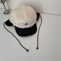 Winter camo fleece aviator hat with lamb wool top and ear flaps in navy blue and white - Adult Size / Beige