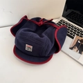 Vintage navy blue fleece aviator hat with contrast red trim and woven letter patch - Adult 56-58cm / Navy Blue