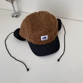 Brown fleece camouflage baseball hat with ear flaps and warm denim patchwork design - Adult Size / Camel
