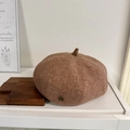 Classic coffee brown wool beret with metal letter accent and soft plush texture - Size 56-58 / Camel