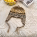 Vintage brown earth-tone jacquard knit trapper hat with pom-pom and braided tassels - 56-59cm / Khaki