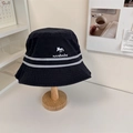 Black bucket hat with fox embroidery and striped brim in casual Korean streetwear style - 56-58cm / Navy Blue