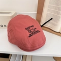 Pink retro flat cap with shark embroidery and eco-friendly slogans on a white shelf - 56-58cm (Adjustable) / Plum