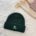 Dark green distressed knit beanie featuring fox embroidery and vintage ripped details - Army Green