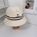 Cream canvas striped bucket hat with fox embroidery on a minimalist wooden stand - 56-58cm / Beige Khaki