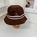 Brown canvas bucket hat with white fox embroidery and parallel beige stripes on top - 56-58cm / Coffee