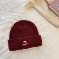 Burgundy knitted beanie with fox embroidery and vintage distressed detailing - Burgundy