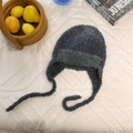 Gray-blue gradient loop wool knit earflap hat with long straps for winter warmth - 56-59cm / Purple Grey