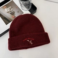 Burgundy knitted beanie with lucky pipiegg embroidery and earmuffs design for winter - 56-62cm / Burgundy