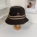 Black striped bucket hat with fox embroidery on a wooden stand for winter style - 56-58cm / Dark Gray
